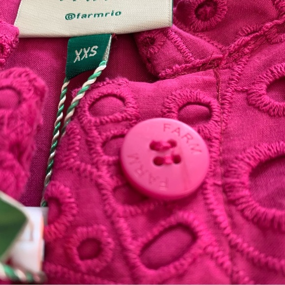 NWT FARM RIO PINK PALM TREE Print Fuchsia Eyelet Ruffle Lace Boho Mini Dress - Picture 8 of 11